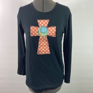 Monag Long Sleeve 100% Cotton Tee Shirt Cross  Applique Front Size M